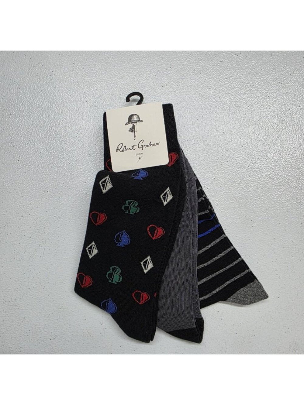 Robert Graham Mens 3 Pk Socks One Size Card Suits Heart Spade Diamond Club Strip